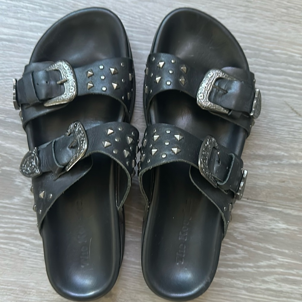 Leather upper studded flatform sandals